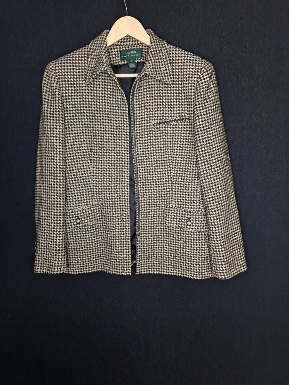 💙 Lauren Ralph Lauren Houndstooth Wool Silk Blend Size 12 Zip Front Jacket